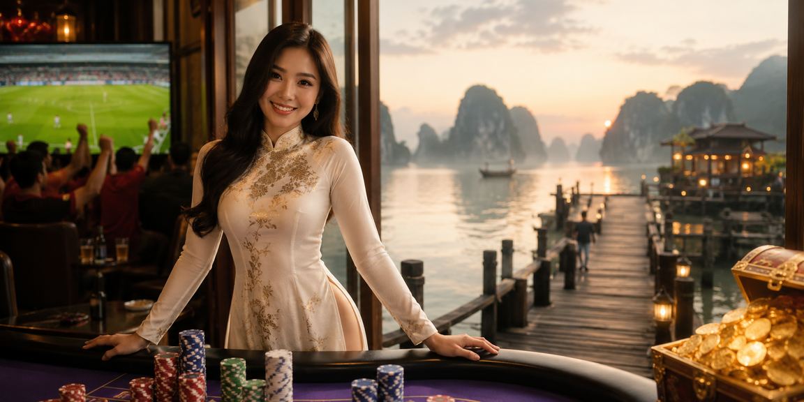 Người dùng Việt Nam thư giãn bên cảnh Vịnh Hạ Long và truy cập nền tảng giải trí trực tuyến