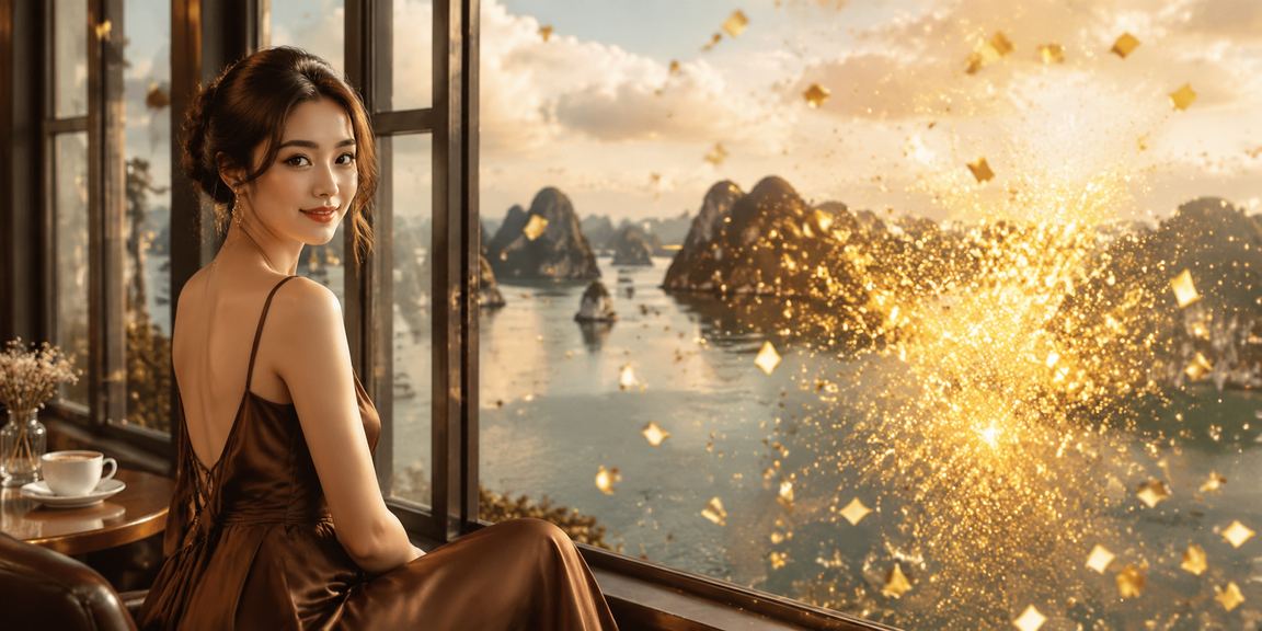 Khung cảnh Vịnh Hạ Long lúc hoàng hôn với người dùng thư giãn và dùng điện thoại truy cập nền tảng giải trí