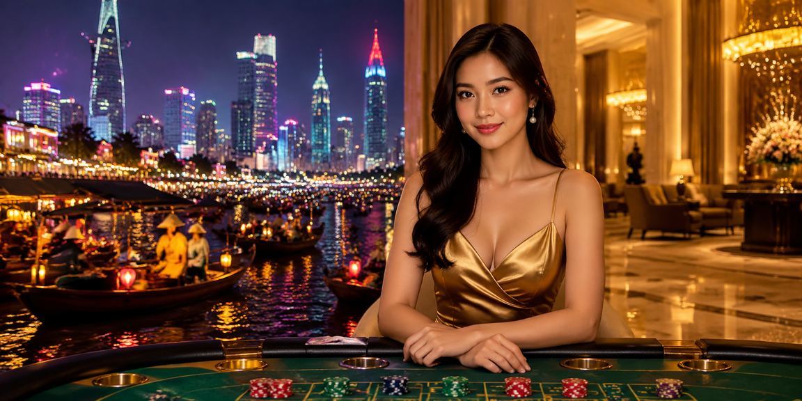 Sảnh baccarat neon tại Hồ Chí Minh với không khí casino trực tuyến sôi động về đêm