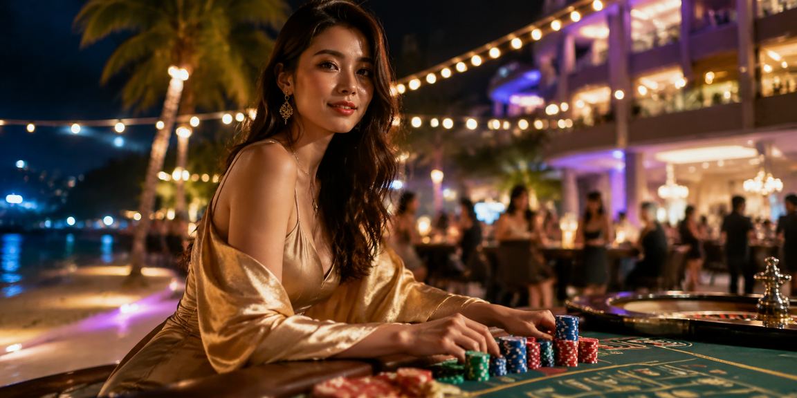 Trải nghiệm slot game trên bãi biển Phú Quốc buổi tối với ánh đèn lung linh